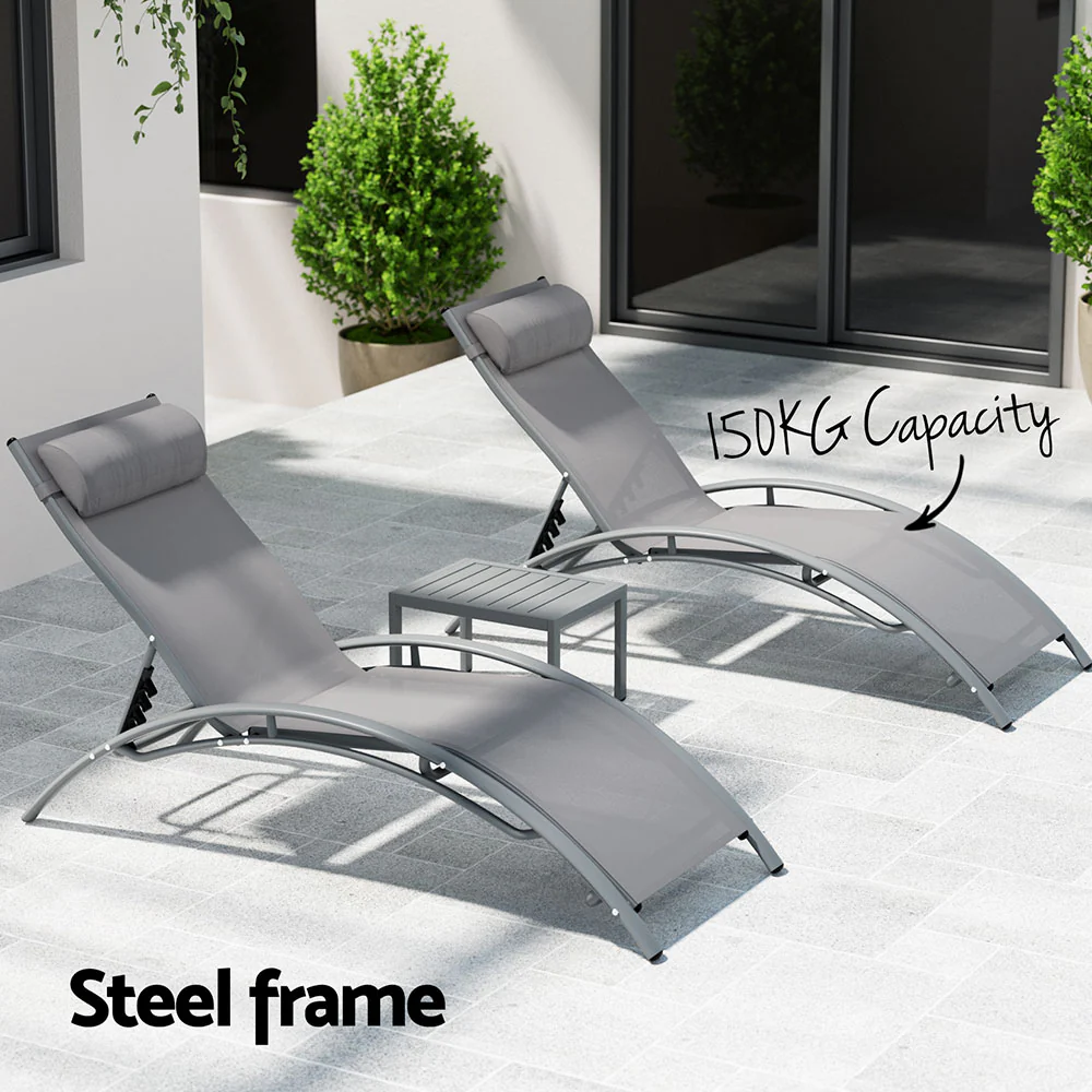 Graysen 3-Piece Sun Lounge Outdoor Lounger Steel Table Chairs Patio Furniture - Grey - Nurns