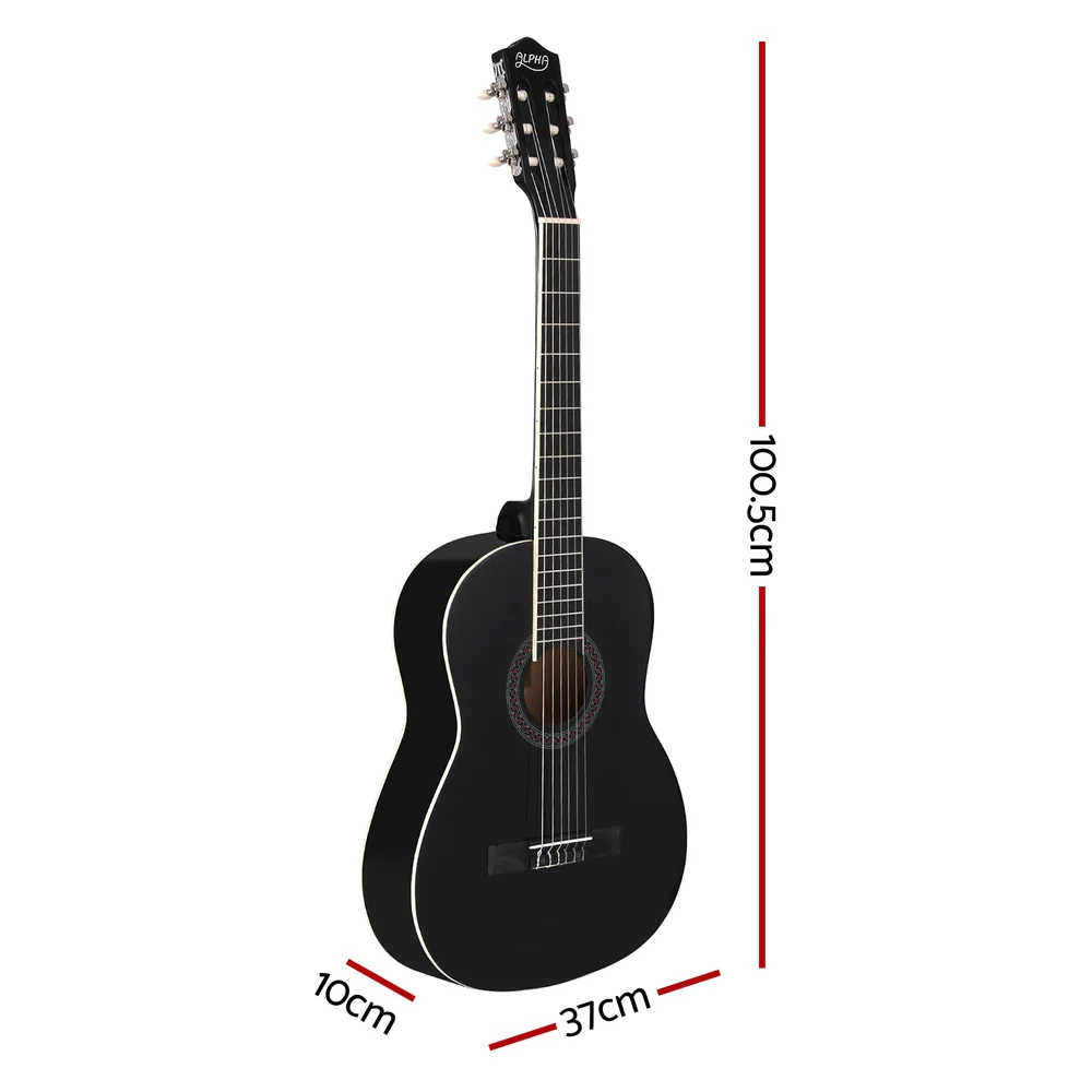 Alpha 39 Inch Classical Guitar Wooden Body Nylon String Beginner Gift Black - Nurns