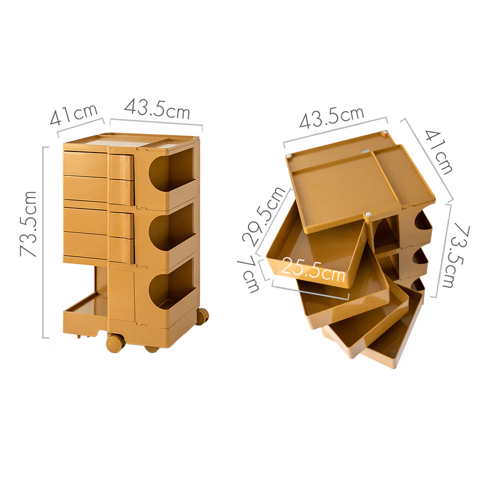 Vernon PP Plastic Bedside Tables Side Tables Nightstand Organizer Replica Boby Trolley 5 Tier with 4 Drawers - Yellow - Nurns