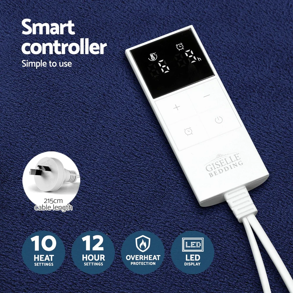 Watson Electric Throw Soft Blanket Rug Heated Washable Snuggle Flannel Winter - Navy - Nurns