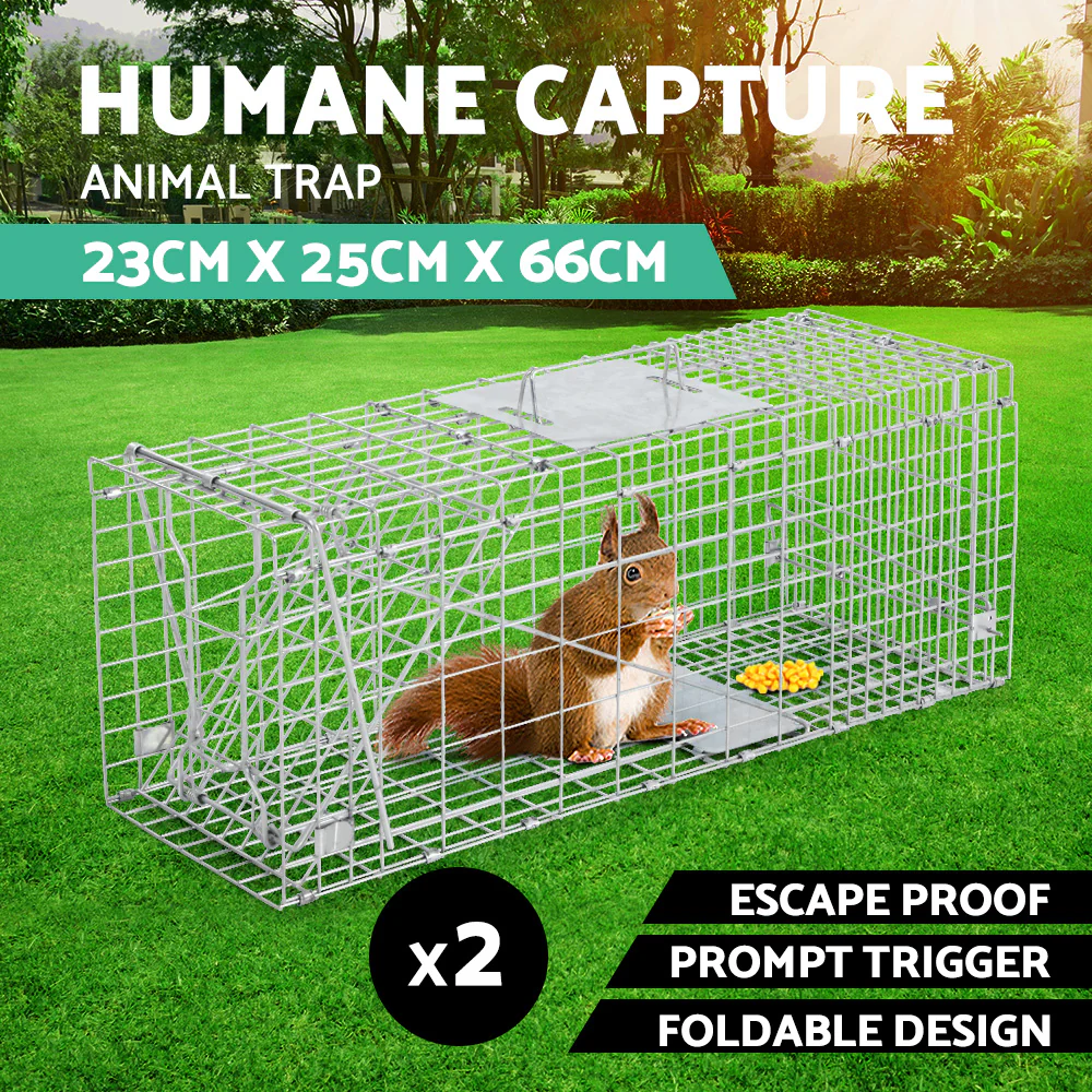 Set of 2 Humane Animal Trap Cage 66x23x25cm - Silver - Nurns