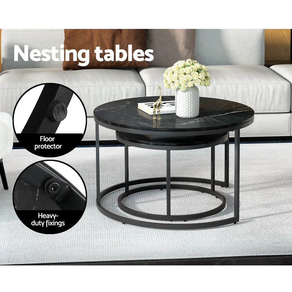 Iphiclus Set of 2 Coffee Table Nesting Marble Effect - Black - Nurns