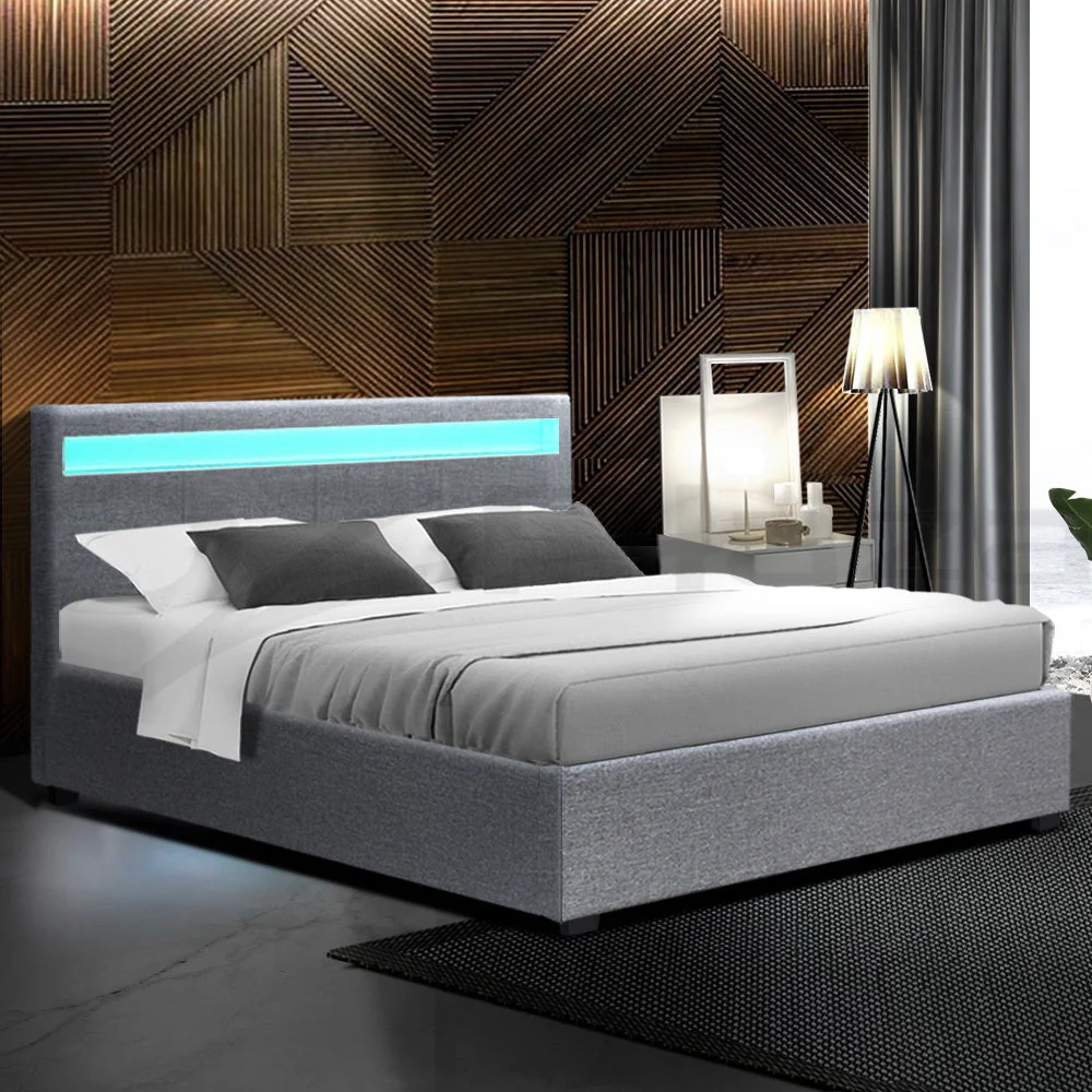 Boston LED Bed Frame Fabric Gas Lift Storage - Grey Queen - Nurns