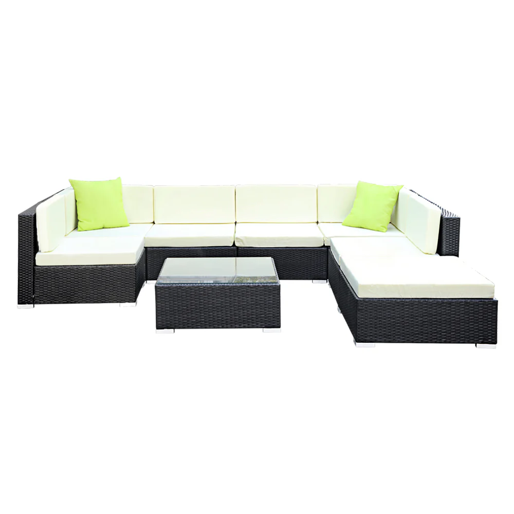 Chester 7-Seater Furniture Set Wicker Garden Patio Pool Lounge 8-Piece Outdoor Sofa - Black - Nurns