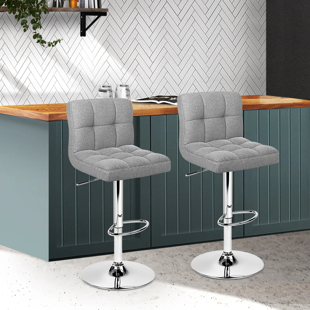 Set of 2 Chania Bar Stools Kitchen Dining Chairs Counter Stool Gas Lift Fabric - Grey - Nurns