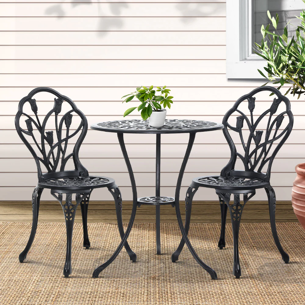 Ciaran 2-Seater Cast Aluminium Table Chair Patio 3-Piece Outdoor Setting - Black - Nurns