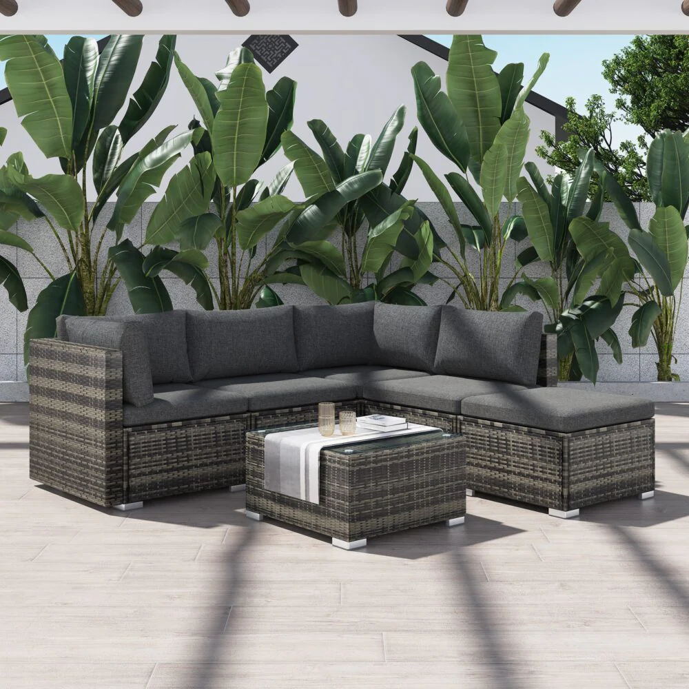 Perry 5-Seater Ottoman Style Outdoor Lounge Set - Grey - Nurns