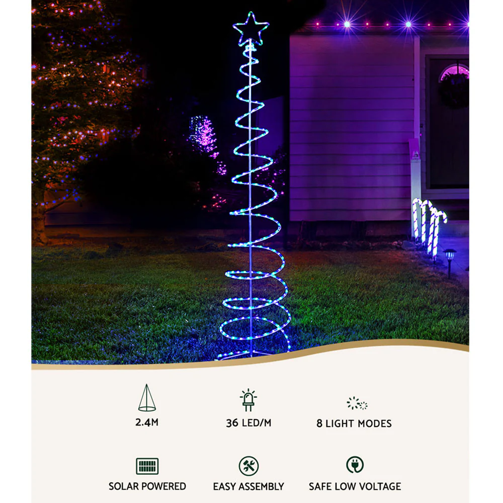 8ft 2.4m Solar LED Christmas Tree Motif Lights 8 Modes - Multi Colour - Nurns
