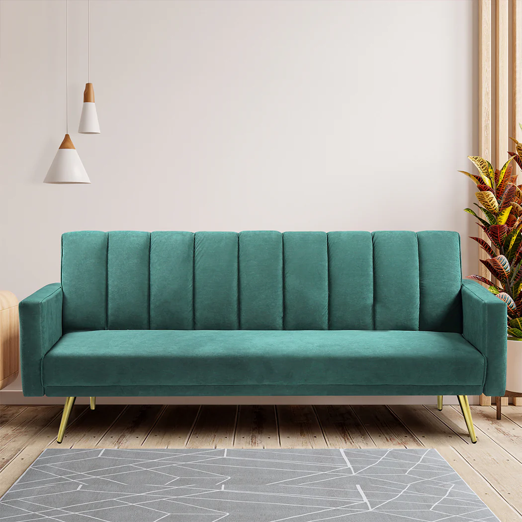 Mari 3-Seater Sofa Bed Convertible Velvet Lounge Recliner Couch Sleeper - Green - Nurns