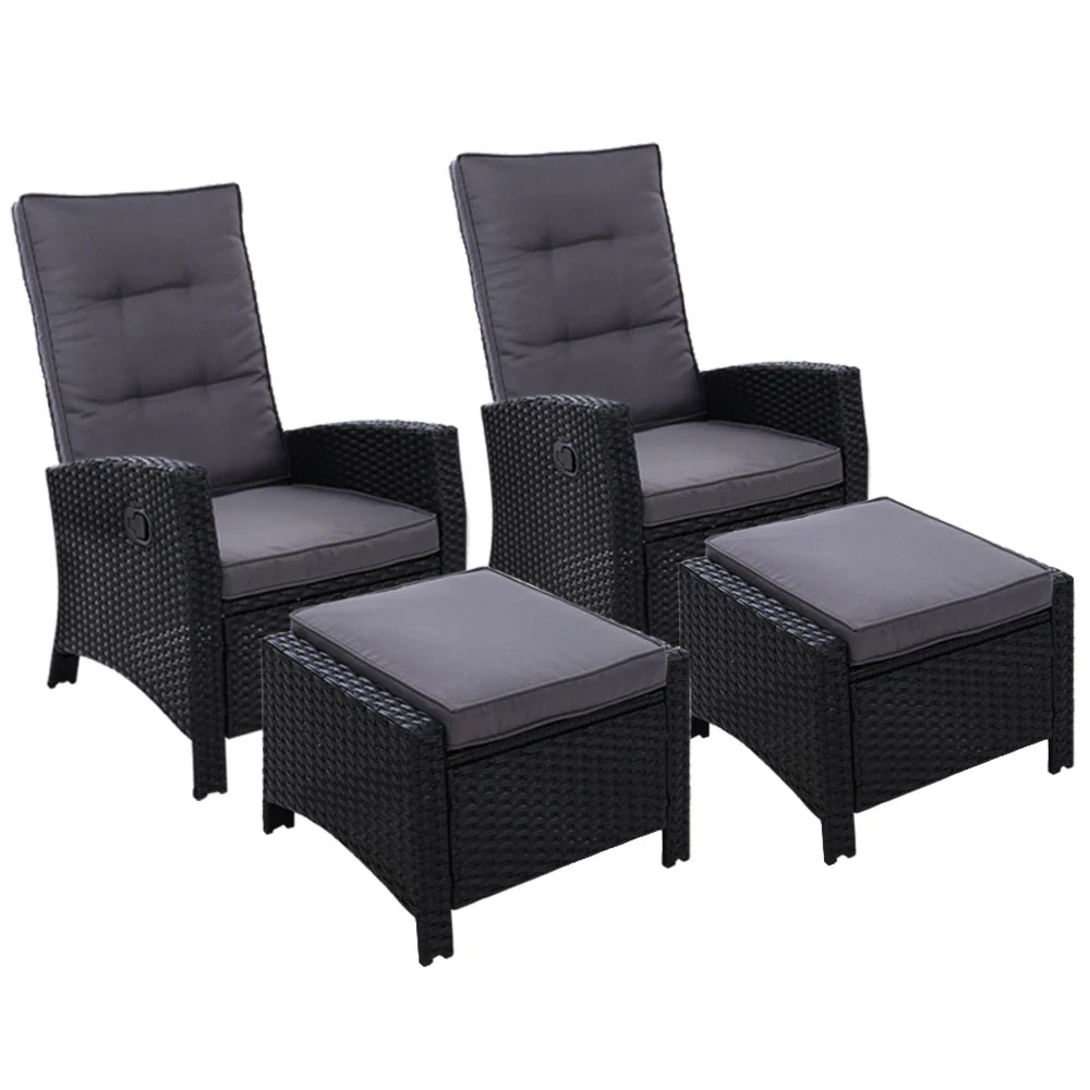 Dursley Set of 2 Recliner Chair Outdoor Furniture Setting Patio Wicker Sofa Chair and Ottoman - Black - Nurns