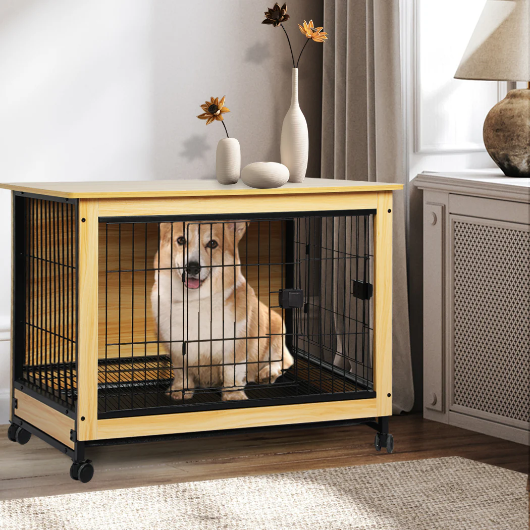Wooden Wire Dog Kennel Side End Table Steel Puppy Crate Indoor Pet House - Wood Large - Nurns
