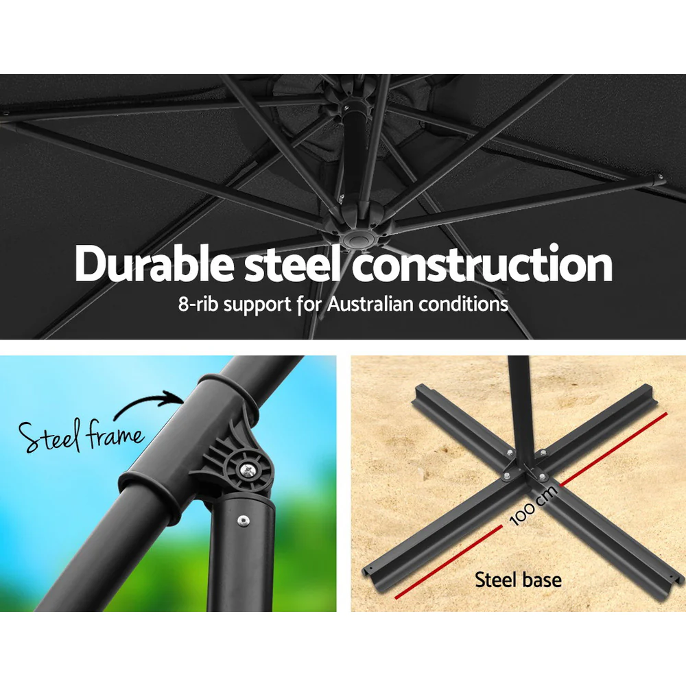 Instahut 3m Outdoor Umbrella w/Base Cantilever Beach Garden Patio Black - Nurns