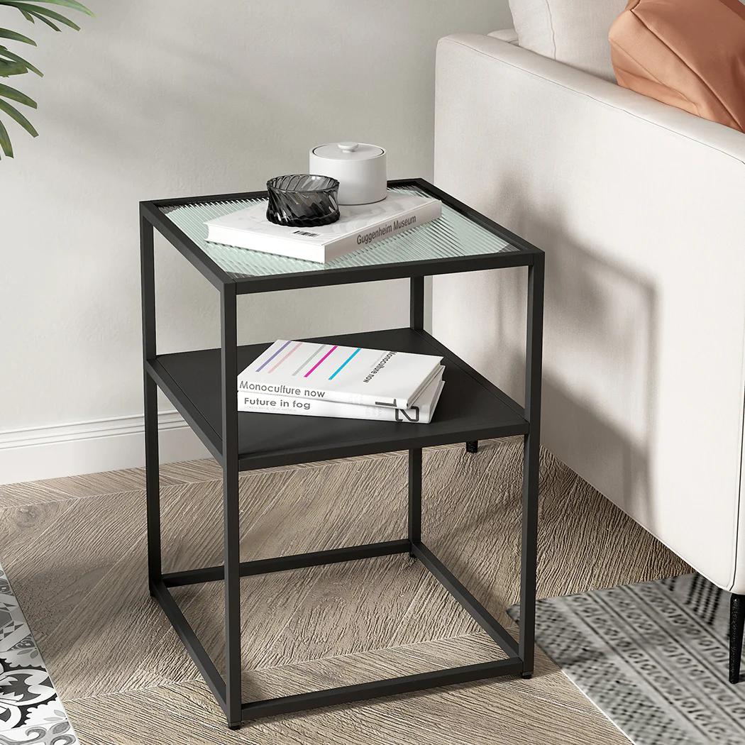 Ileana 2-Tier Side Open Design Steel Home Shelf Safety Glass End Table - Black - Nurns