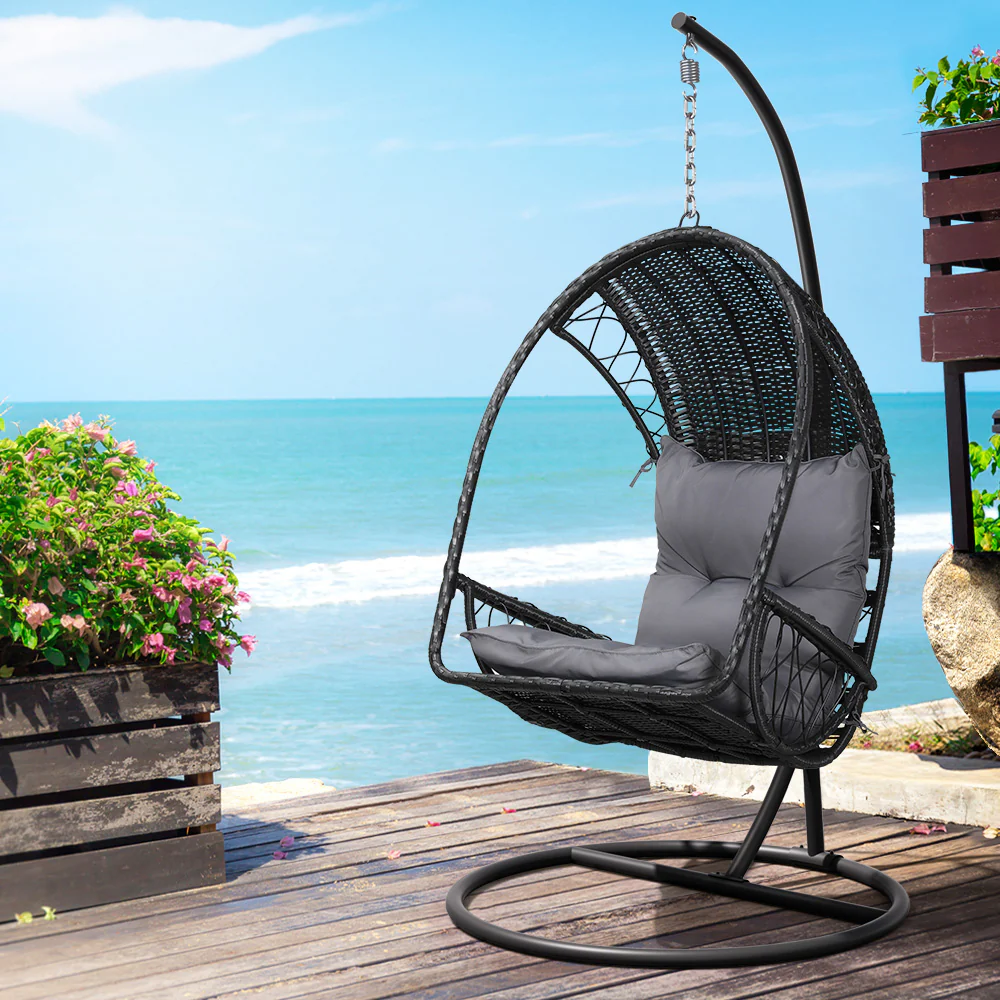 Layla Outdoor Egg Swing Chair with Stand Cushion Wicker Armrest - Black - Nurns