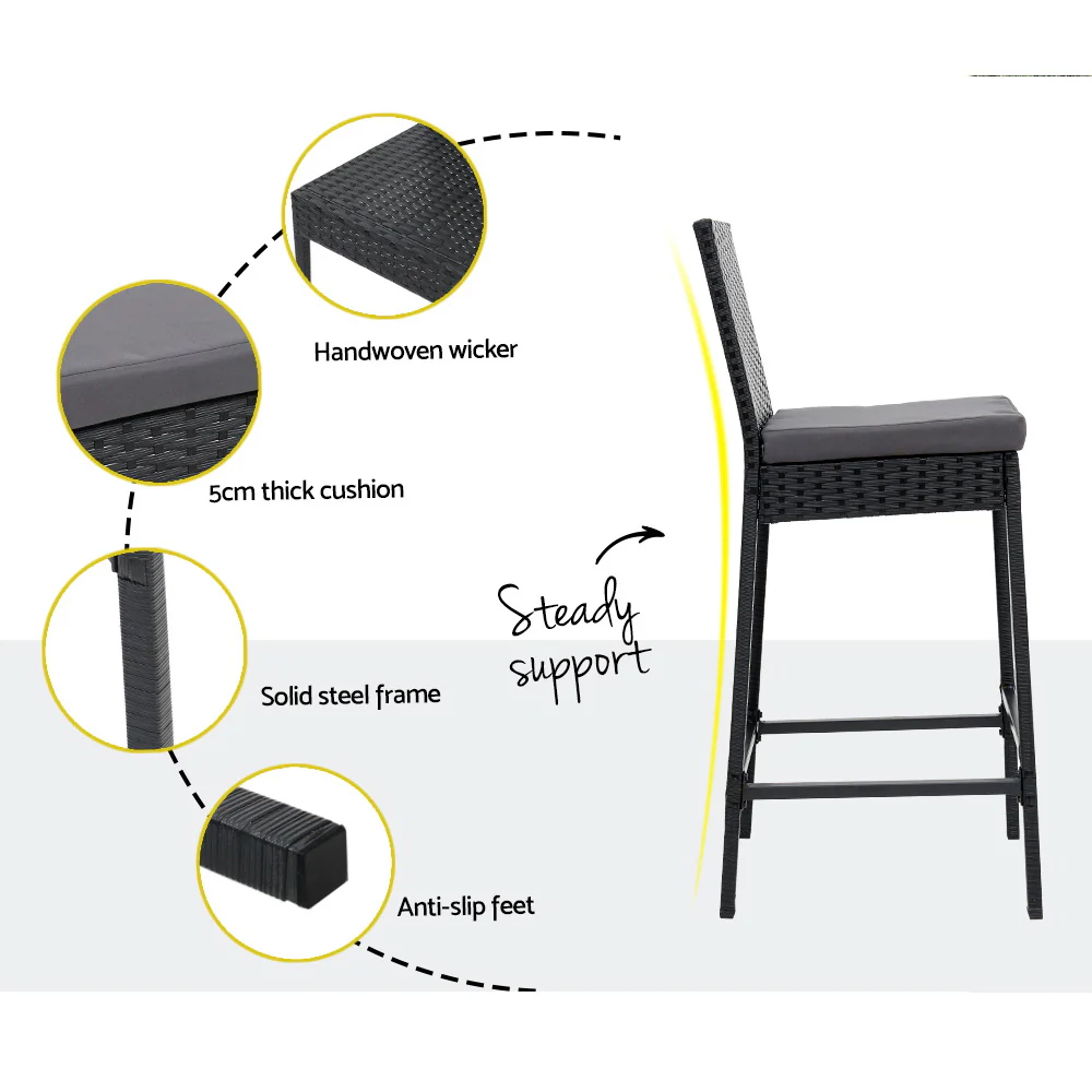 Mark 2-Seater Patio Furniture Chairs Wicker 3-Piece Outdoor Bar Table Stools Set - Black - Nurns