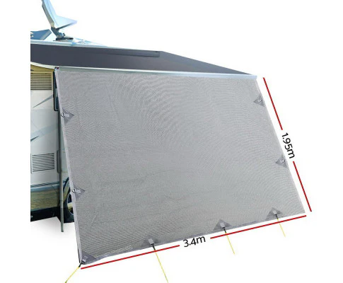 Caravan Privacy Screen Roll Out Awning 3.4x1.95M End Wall Side Sun Shade Grey - Nurns