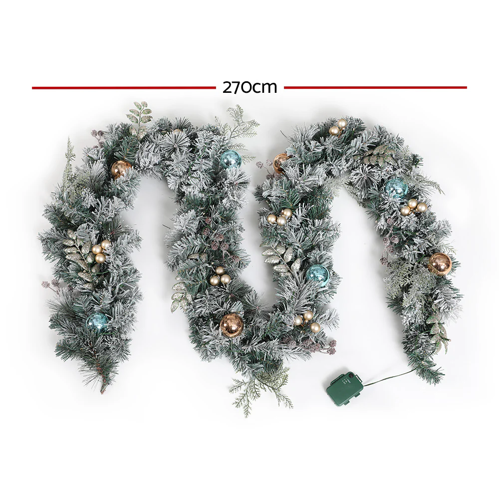 9ft 2.7m 200 Tips Christmas Garland with LED Lights Snowy Decoration Xmas Party - Nurns