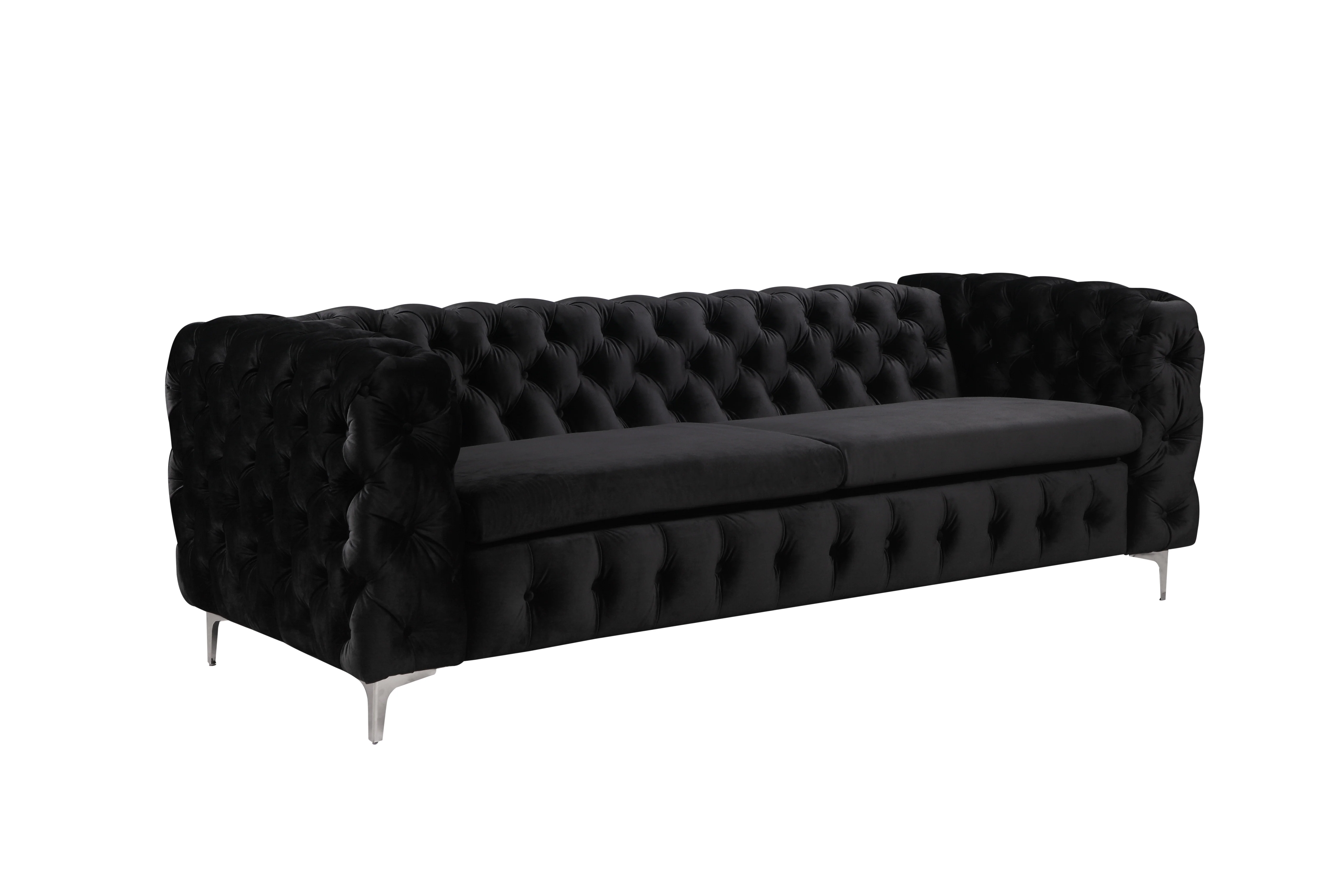 Mourd 3-Seater Sofa Classic Button Tufted Lounge Velvet Fabric with Metal Legs - Black - Nurns