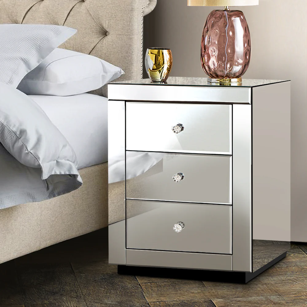 Batoche Mirrored Bedside Tables Mirrored Furniture Mirror Glass with 3 Drawers - Silver - Nurns
