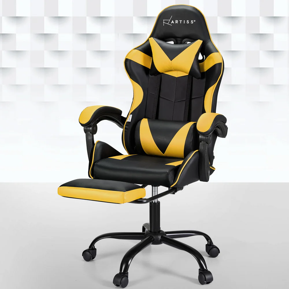 Artiss 2 Point Massage Gaming Office Chair Footrest Yellow - Nurns