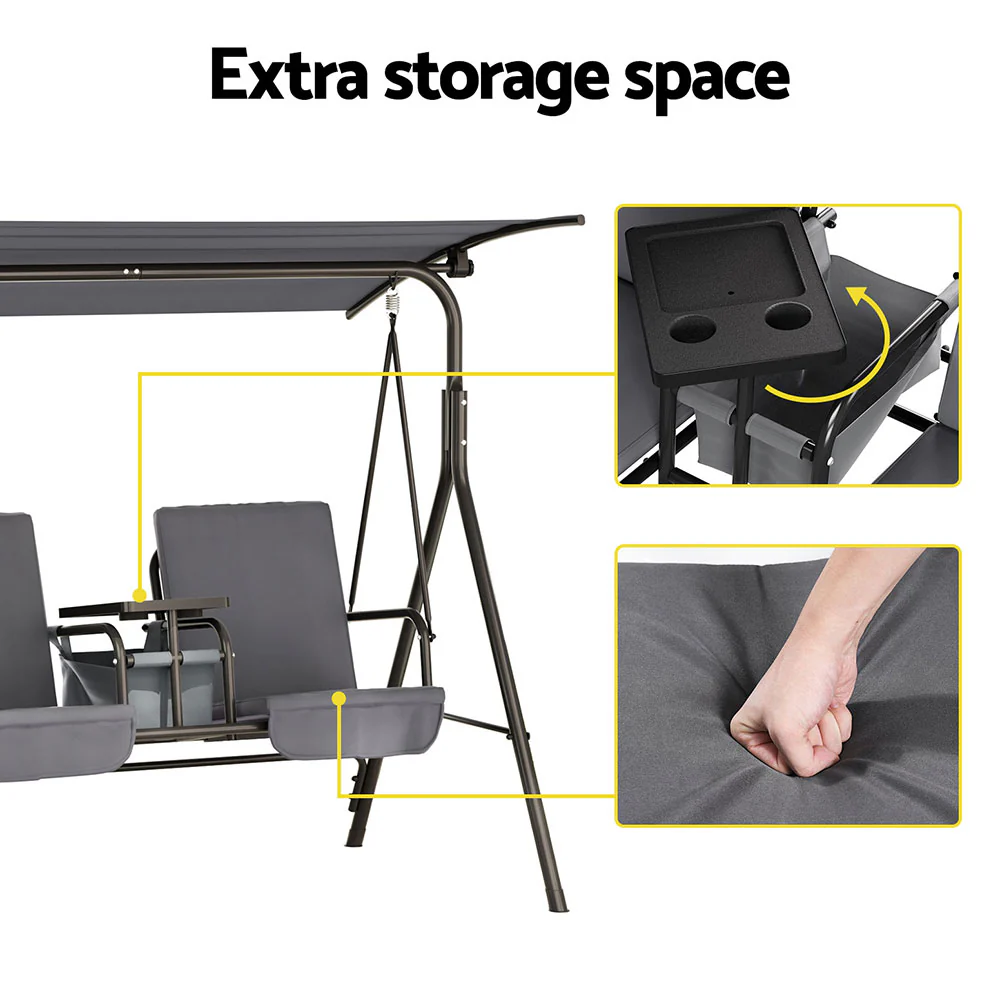 Hannah Outdoor Swing Chair Garden Chair Canopy Cup Holder 2 Seater - Grey - Nurns