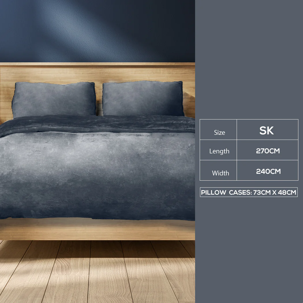 SUPER KING 3-Piece Flannel Quilt Cover with Pillowcases - Dark Grey - Nurns