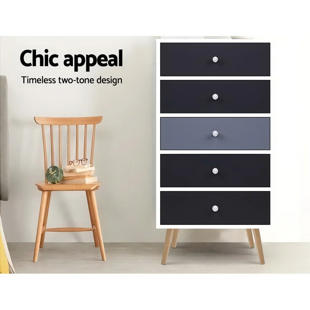 Artiss 5 Chest of Drawers - White & Black - Nurns