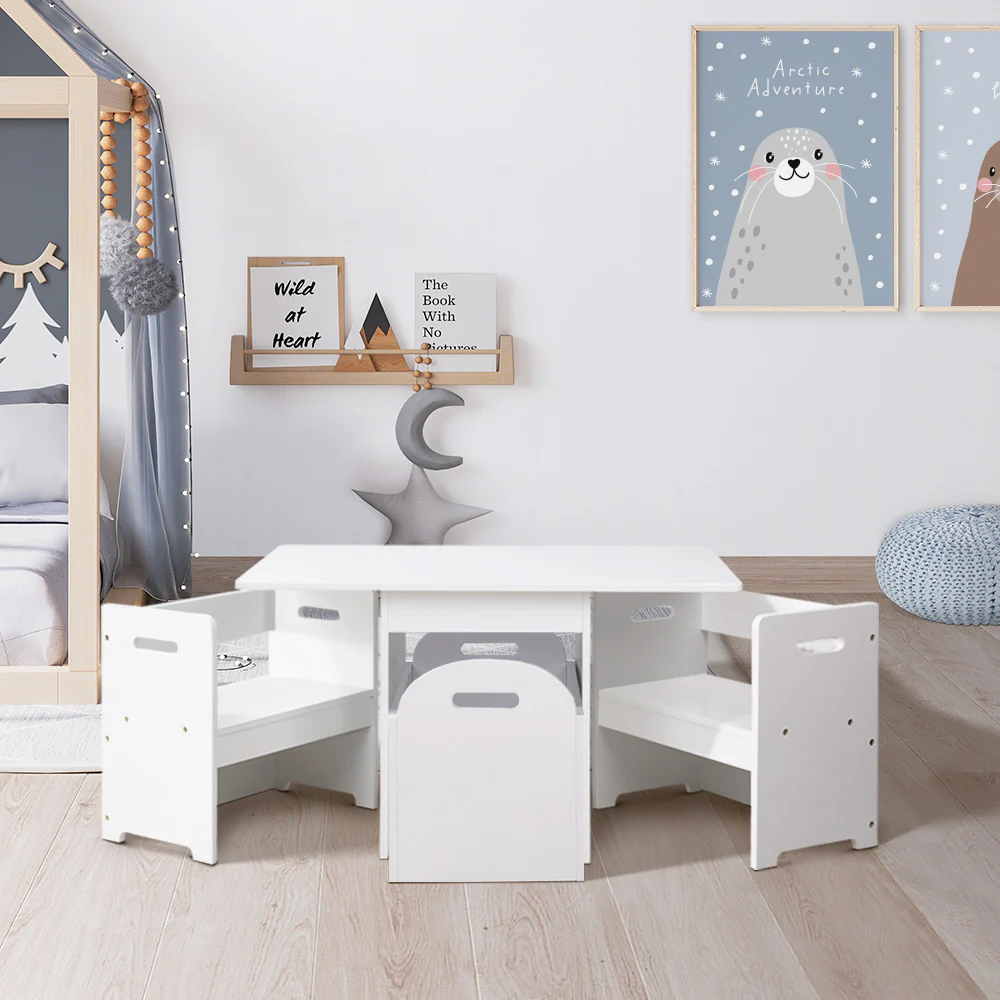 Perline 3-Piece Kids Table & Chairs Set Multi-function and Chair Hidden Storage Box Toy Activity Desk - White - Nurns