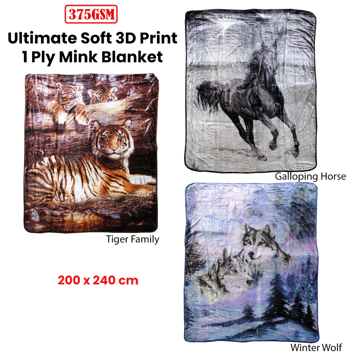 Walden Throw Soft Blanket 375GSM 1 Ply 3D Print Faux Mink Blanket Queen 200x240cm - Winter Wolf - Nurns