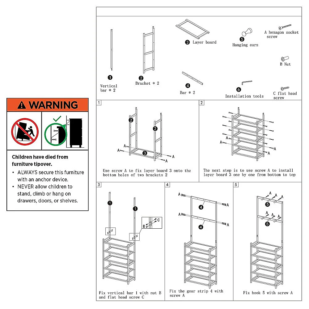 Large Wooden 5 Tiers Hat Coat Stand Clothes Shoe Rack Hanger Hooks Shelf Storage - Nurns
