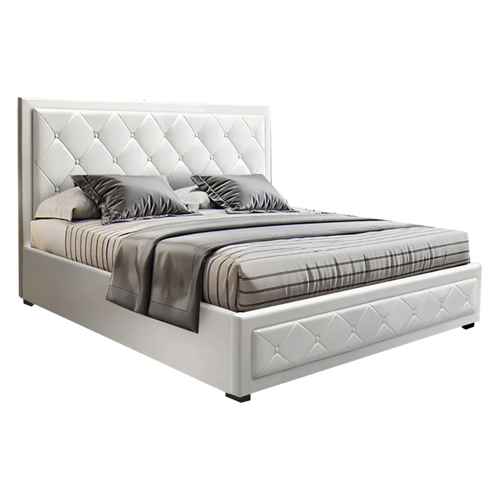 Savannah Bed Frame PU Leather Gas Lift Storage - White Double - Nurns