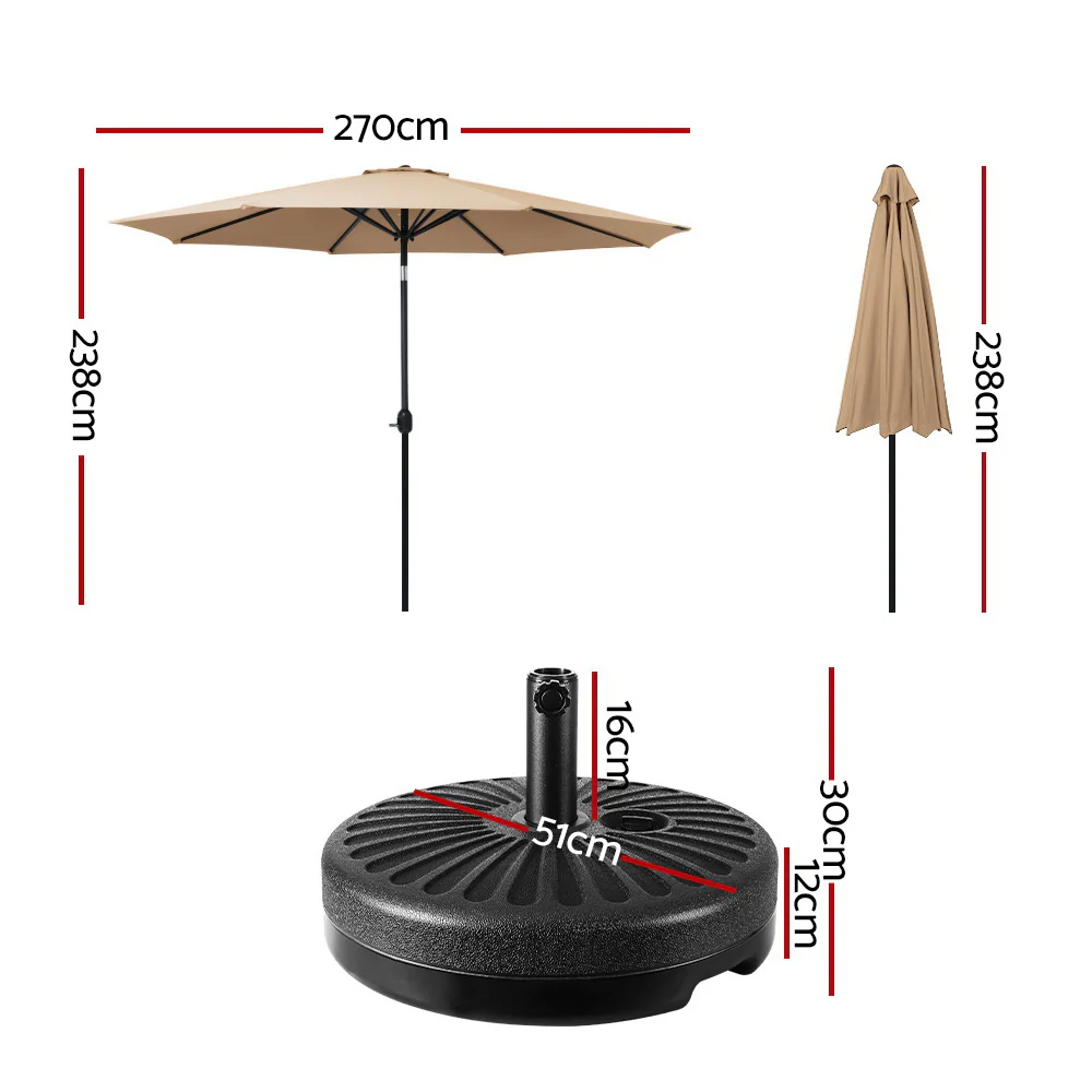 Instahut 2.7m Outdoor Umbrella w/Base Pole Stand Garden Sun Beige - Nurns