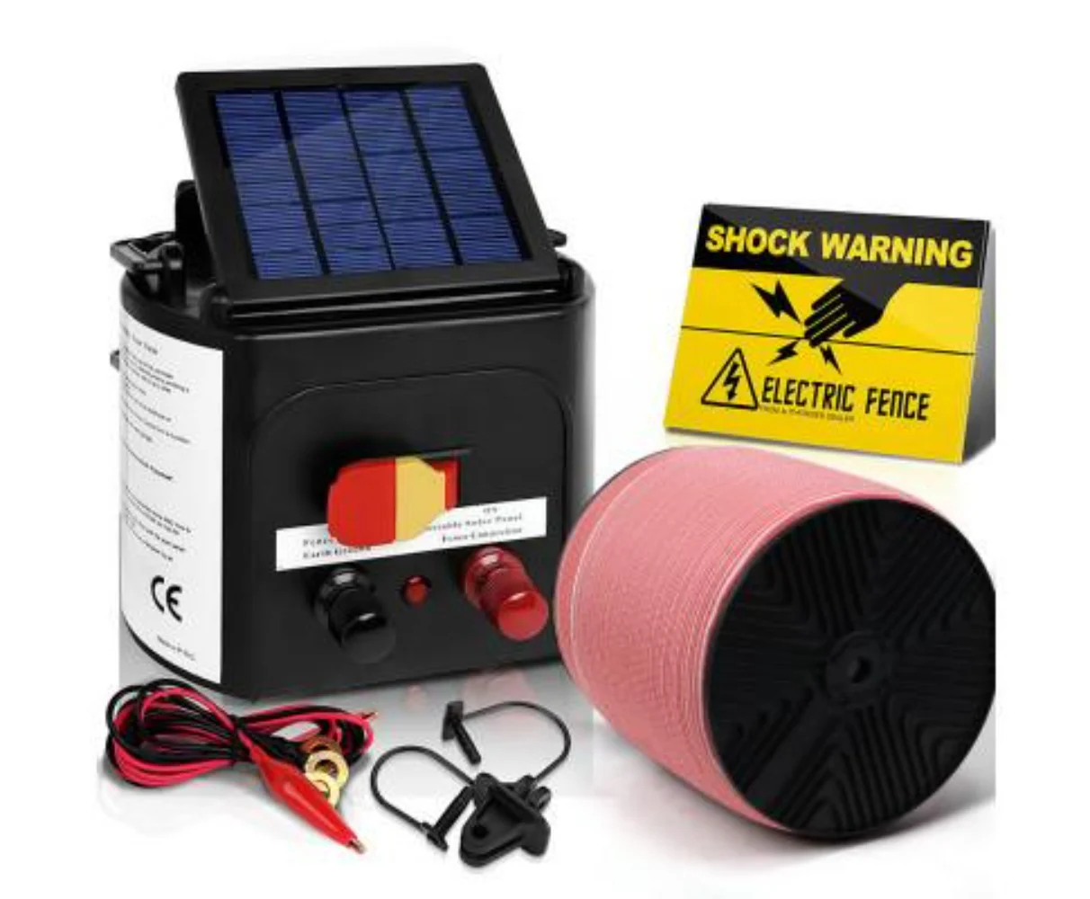 Electric Fence Energiser 3km Solar Powered Charger Set + 2000m Tape - Nurns