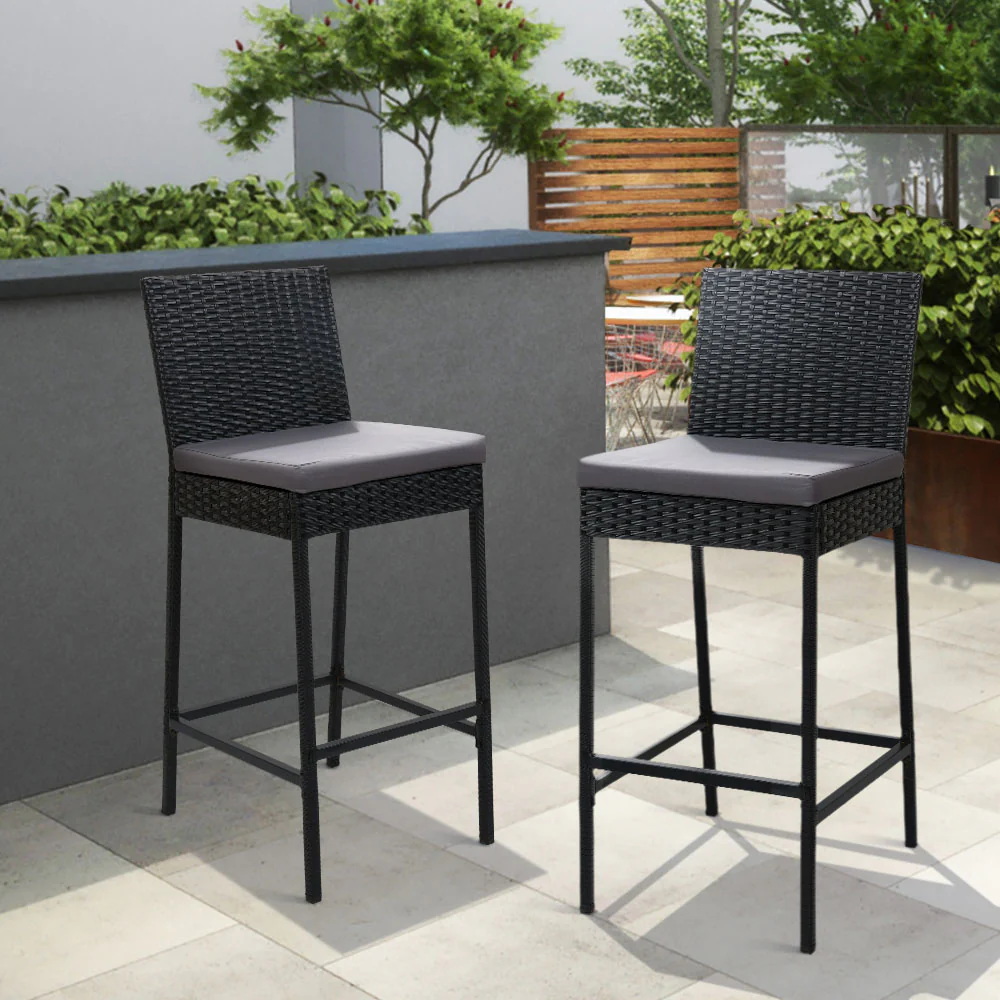 Ralph Set of 2 Outdoor Bar Stools Dining Chairs Wicker Furniture - Black - Nurns