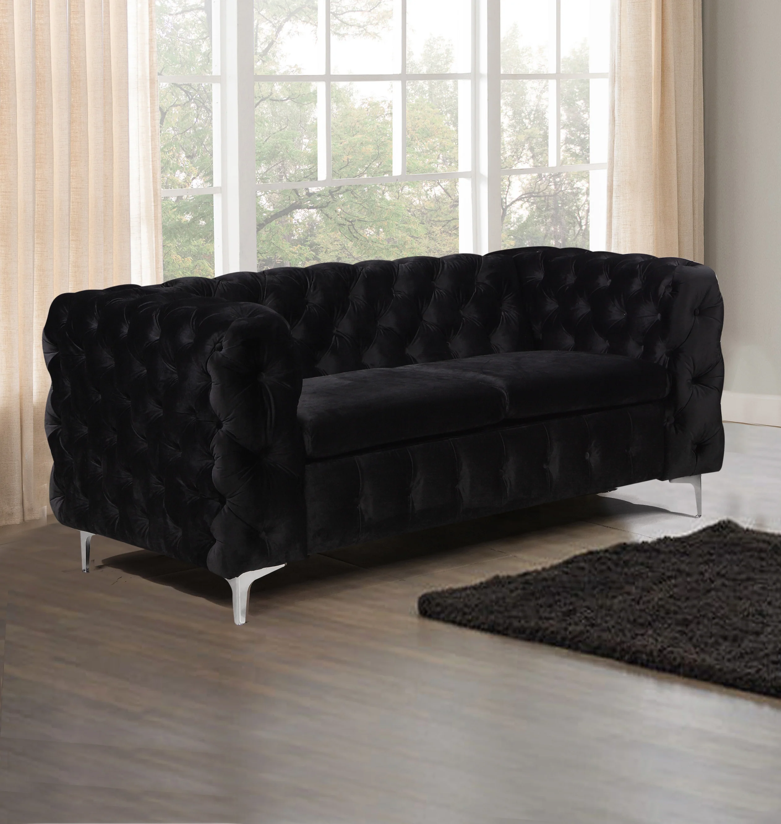 Mourd 2-Seater Sofa Classic Button Tufted Lounge Velvet Fabric with Metal Legs - Black - Nurns