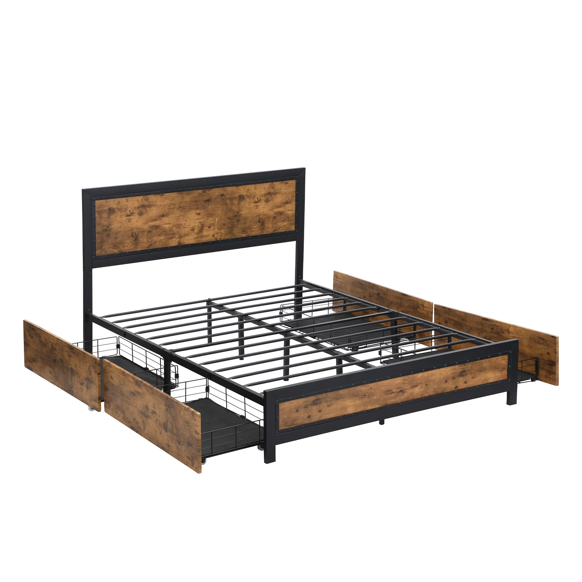 Mara Metal Bed Frame Platform Wooden with 4 Drawers Rustic - Black & Wood Double - Nurns
