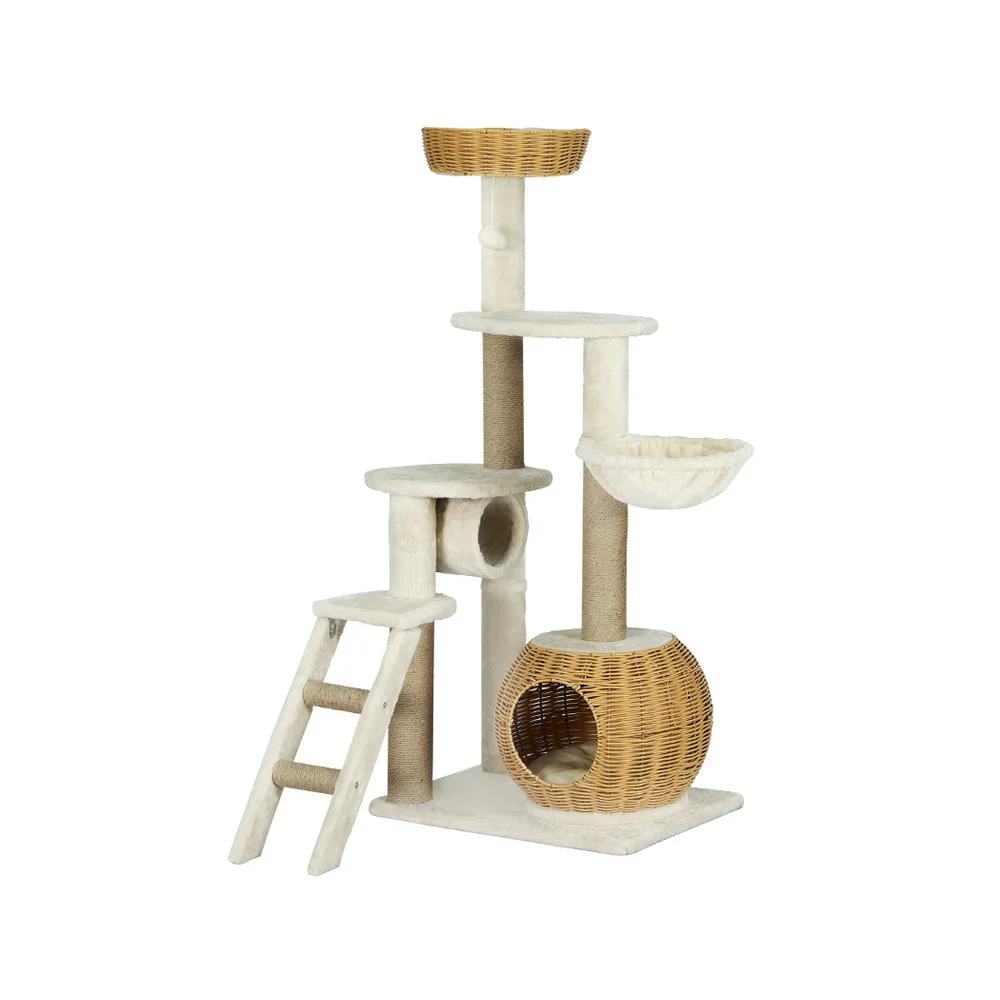 Cat Tree 138cm Tower Scratching Post Scratcher Wood Bed Condo House Rattan Ladder - Nurns