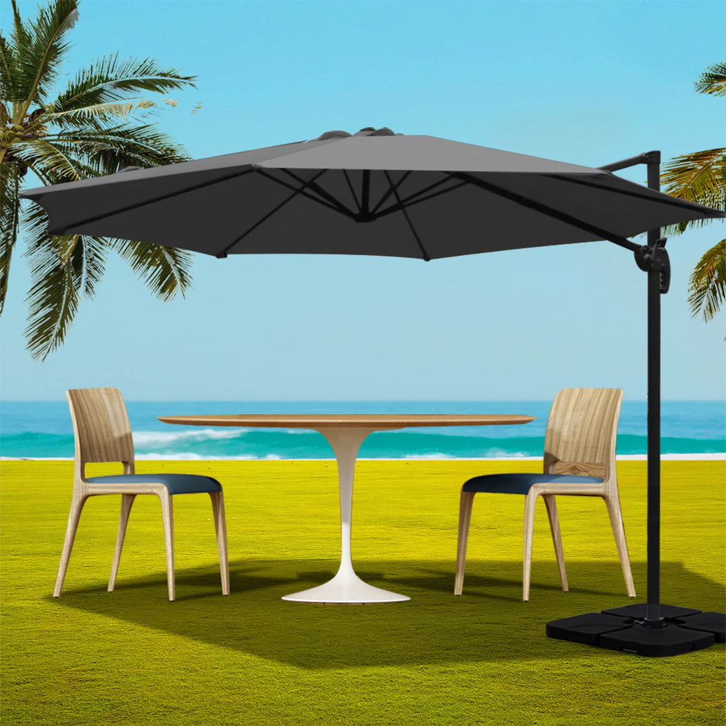 Instahut 3m Outdoor Umbrella w/Base Cantilever Beach Roma 360 Degree Tilt Charcoal - Nurns