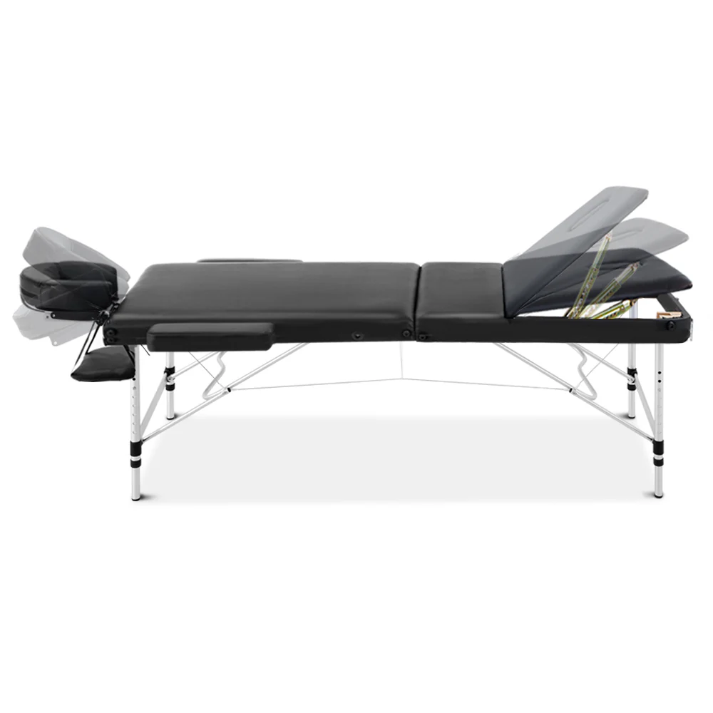 Massage Table 70cm 3 Fold Aluminium Beauty Bed Portable Therapy Black - Nurns