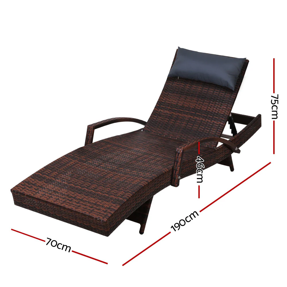 Silsden Set of 2 Outdoor Sun Lounge Wicker with Armrest Chair and Pillow - Brown - Nurns