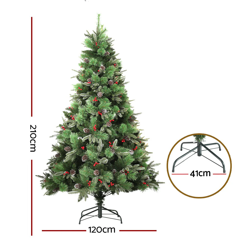 7ft 2.1m 1360 Tips Christmas Tree with Pine Cones Red Berries Prelit Warm Lights - Nurns