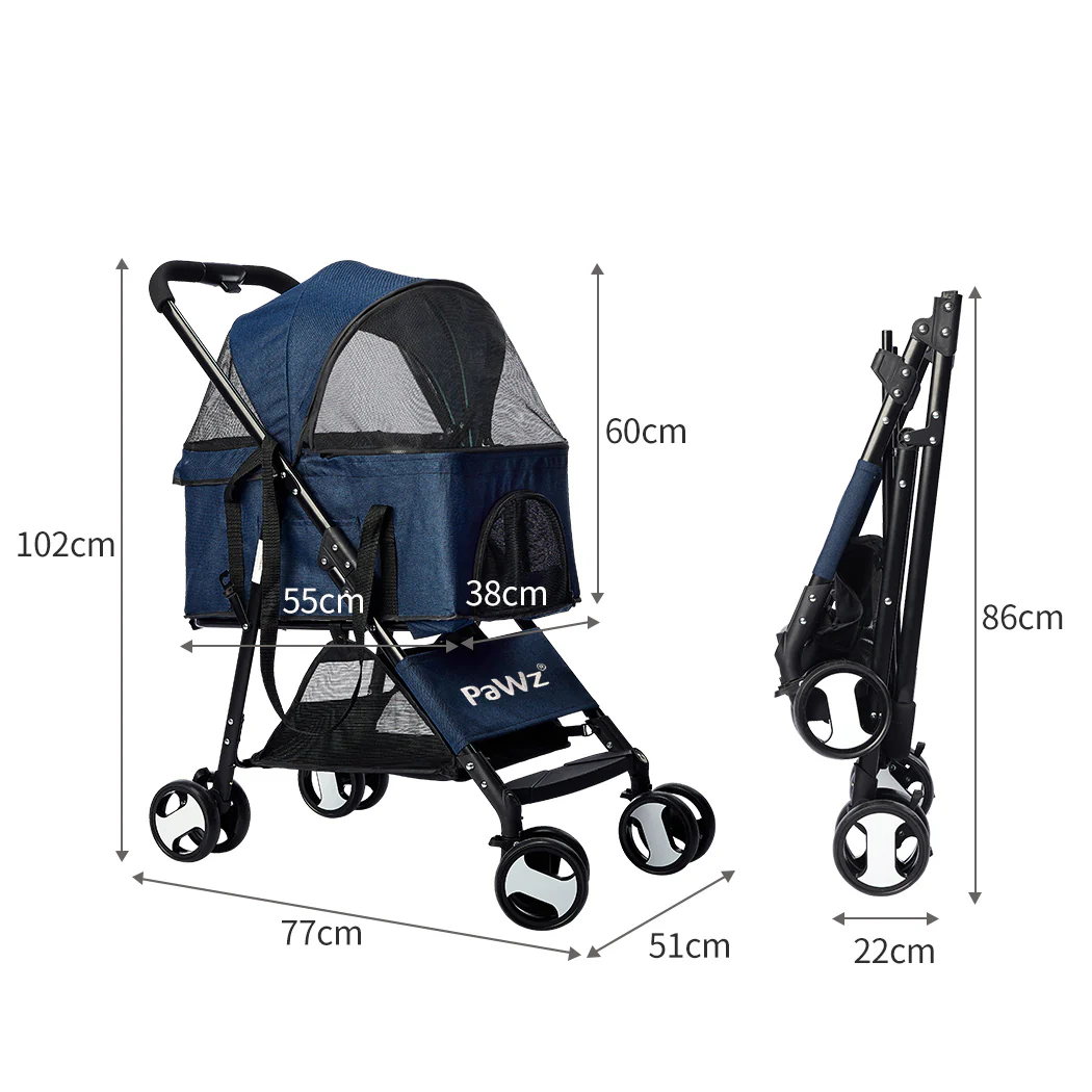 Pet Stroller Dog Cat Pram Foldable Carrier 4 Wheels Travel Pushchair Blue Large - Nurns