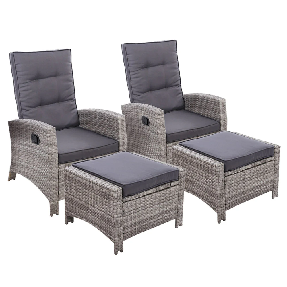 Dursley Set of 2 Recliner Chair Outdoor Furniture Setting Patio Wicker Sofa Chair and Ottoman - Grey - Nurns