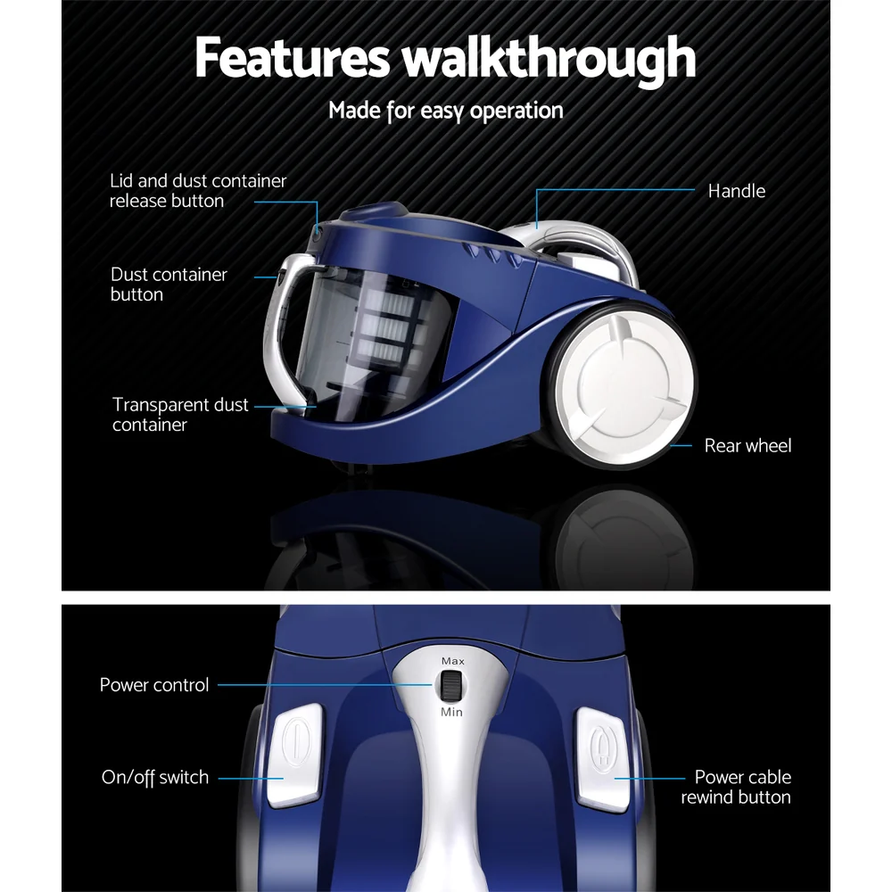 Devanti 2200W Bagless Vacuum Cleaner Blue - Nurns