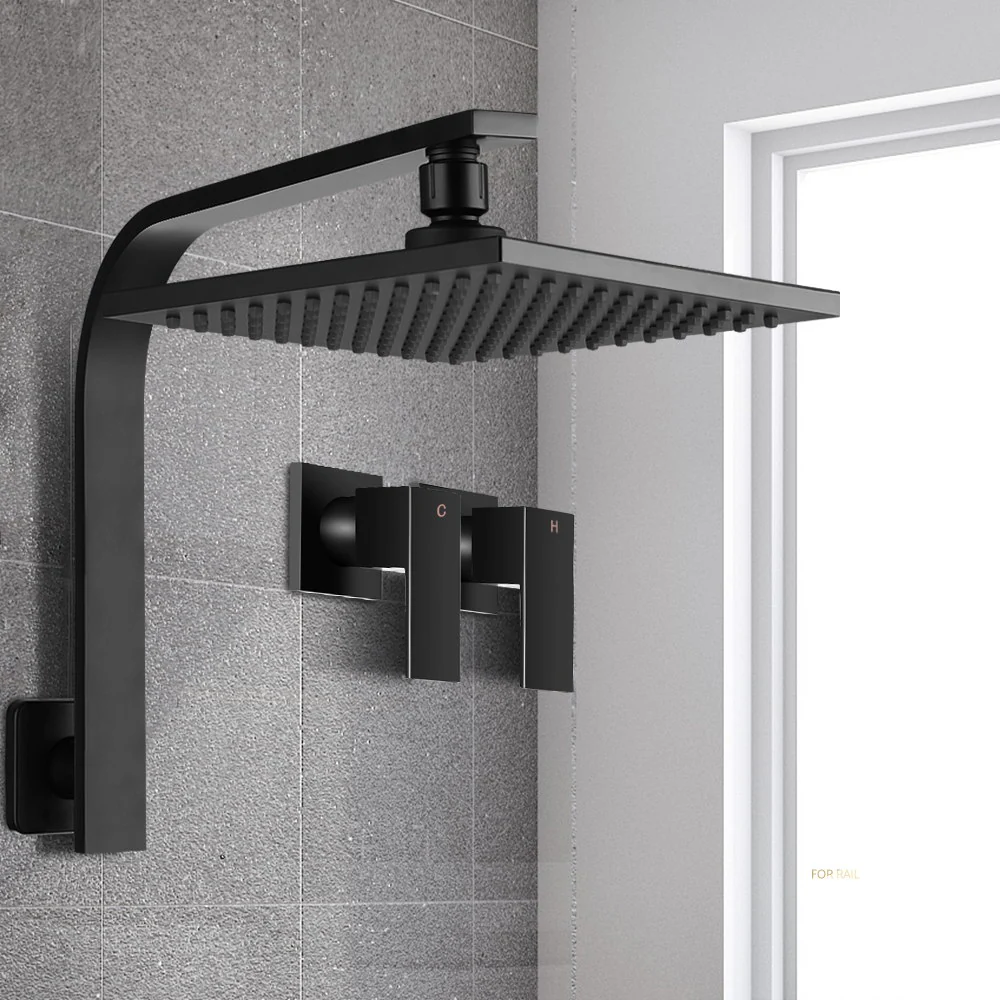 8'' Rain Shower Head Wall Arm Square High Pressure Twins Tap Black - Nurns