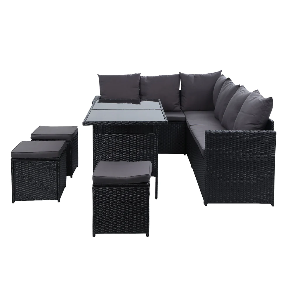 David 9-Seater Furniture Dining Lounge Wicker 5-Piece Outdoor Sofa - Black - Nurns