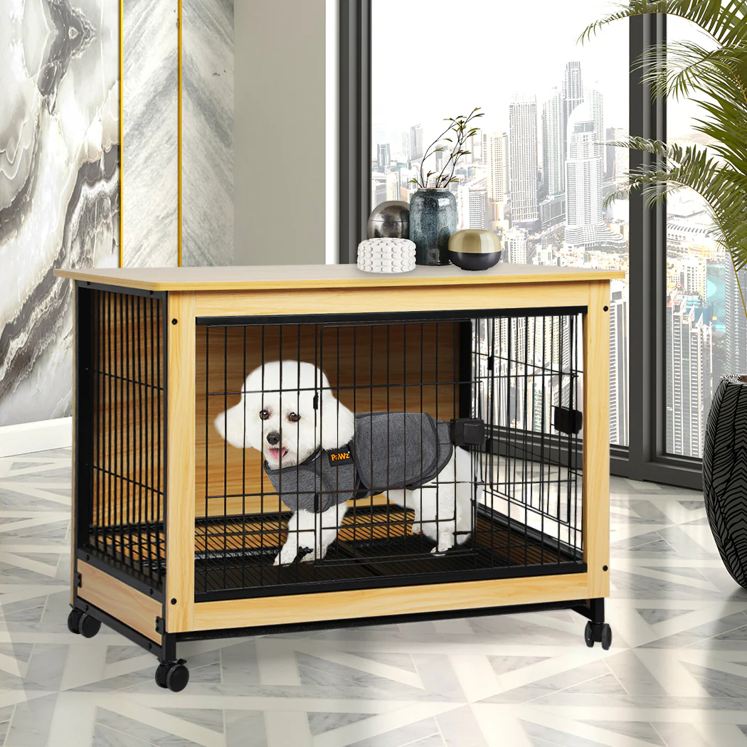 Wooden Wire Dog Kennel Side End Table Steel Puppy Crate Indoor Pet House M - Wood Medium - Nurns