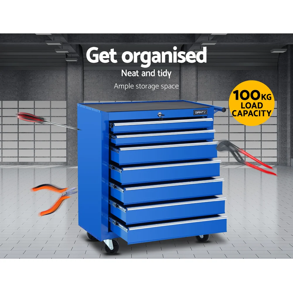 Tool Chest and Trolley Box Cabinet 7 Drawers Cart Garage Storage Blue - Nurns