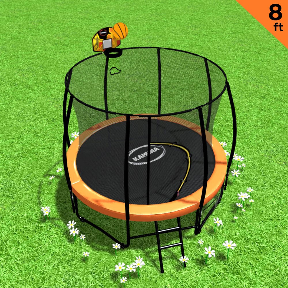 Kahuna Trampoline for Kids 8FT Outdoor Orange and Children Suited for Fitness Exercise Gymnastics with Safety Enclosure Basketball Hoop Set - Nurns