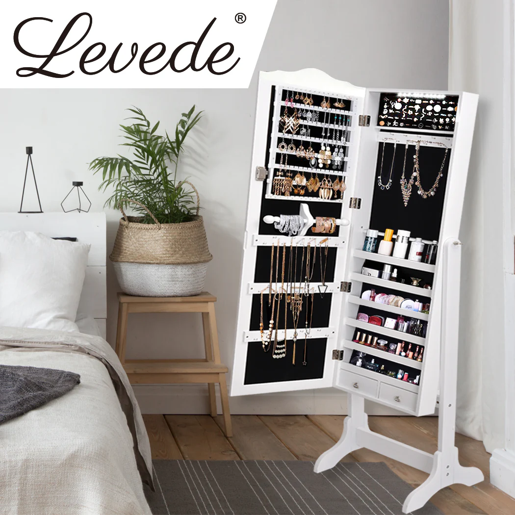 Dual Use Mirrored Jewellery Dressing Cabinet with LED Light in White - Nurns